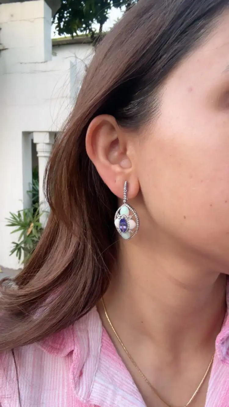 Natural Tanzanite & Ethiopian Opal Earrings - 18k White Gold Diamond Dangle Earrings