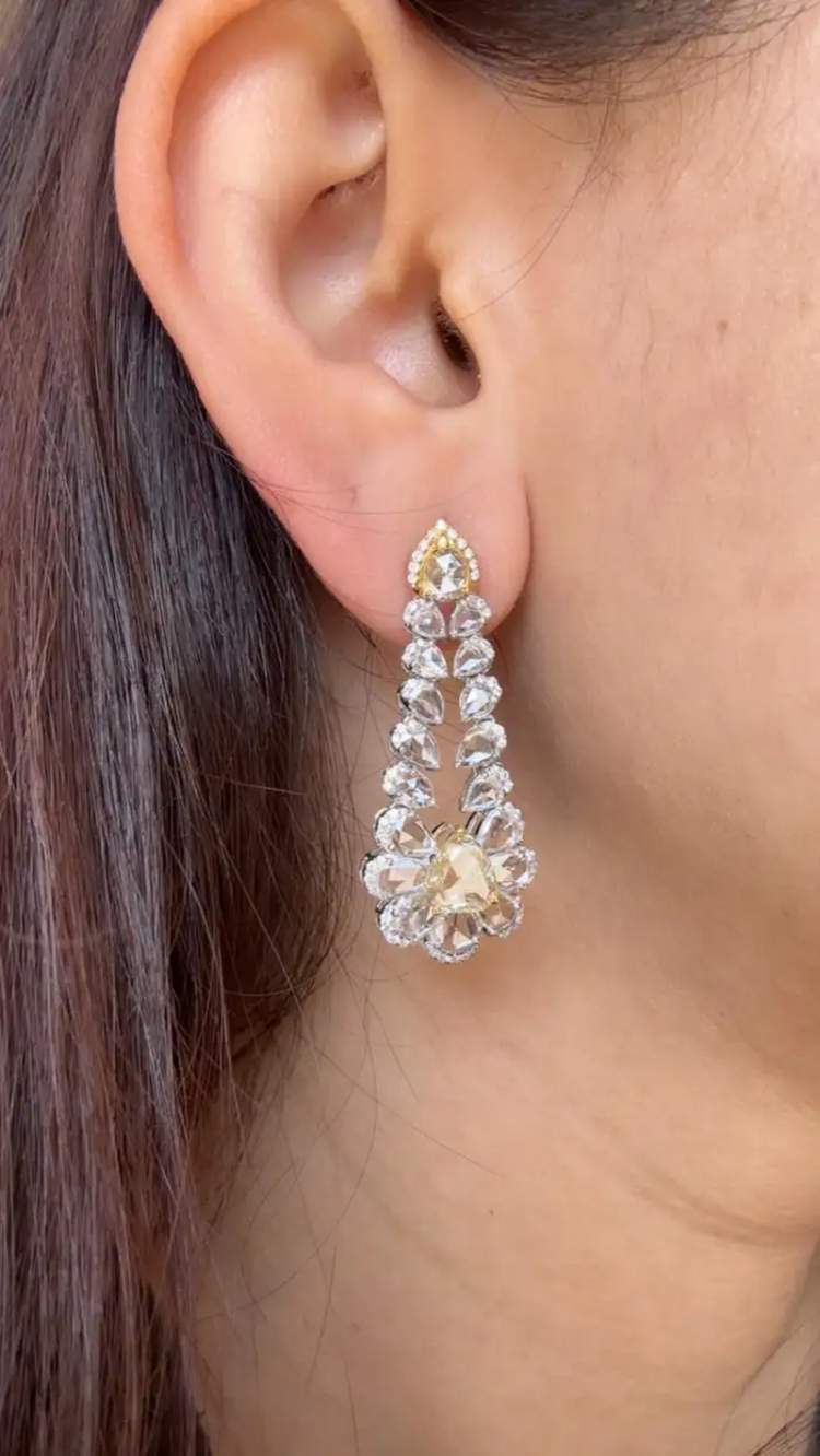 Natural Yellow & White Rose Cut Diamond Dangle Earrings - 18k White Gold Chandelier Earrings