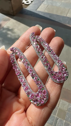 Natural Pink Sapphire & Tsavorite Dangle Earrings - 18k White Gold Handmade Earrings