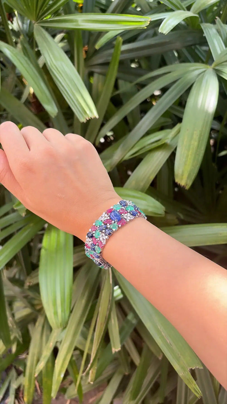 Natural Blue Sapphire, Ruby & Emerald Handmade Bracelet - 18k White Gold Diamond Bracelet