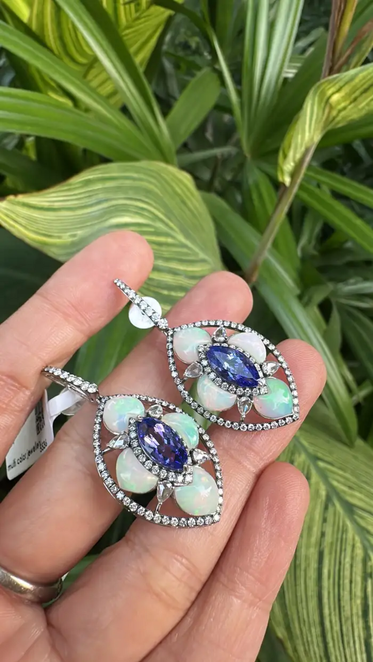Natural Tanzanite & Ethiopian Opal Earrings - 18k White Gold Diamond Dangle Earrings