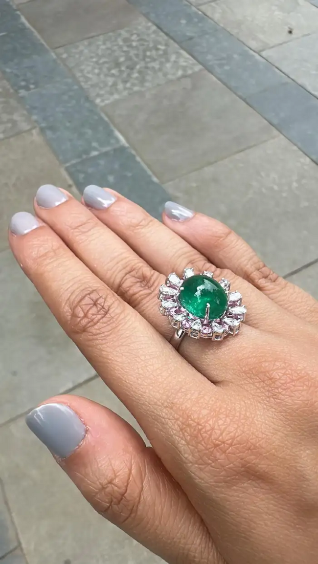 Solid 18k White Gold Handmade Cocktail Ring - Natural Zambian Emerald & Pink Sapphire Ring Main Image