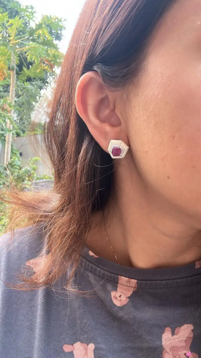 18k White Gold Handmade Minimalist Stud Earrings - Natural Mozambique Ruby White Enamel Earrings - Gold Diamond Earrings Main Image