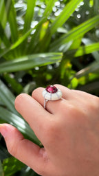 4.32 Ct. Rubellite & White Enamel Cocktail Dome Ring - 18k White Gold Diamond Ring