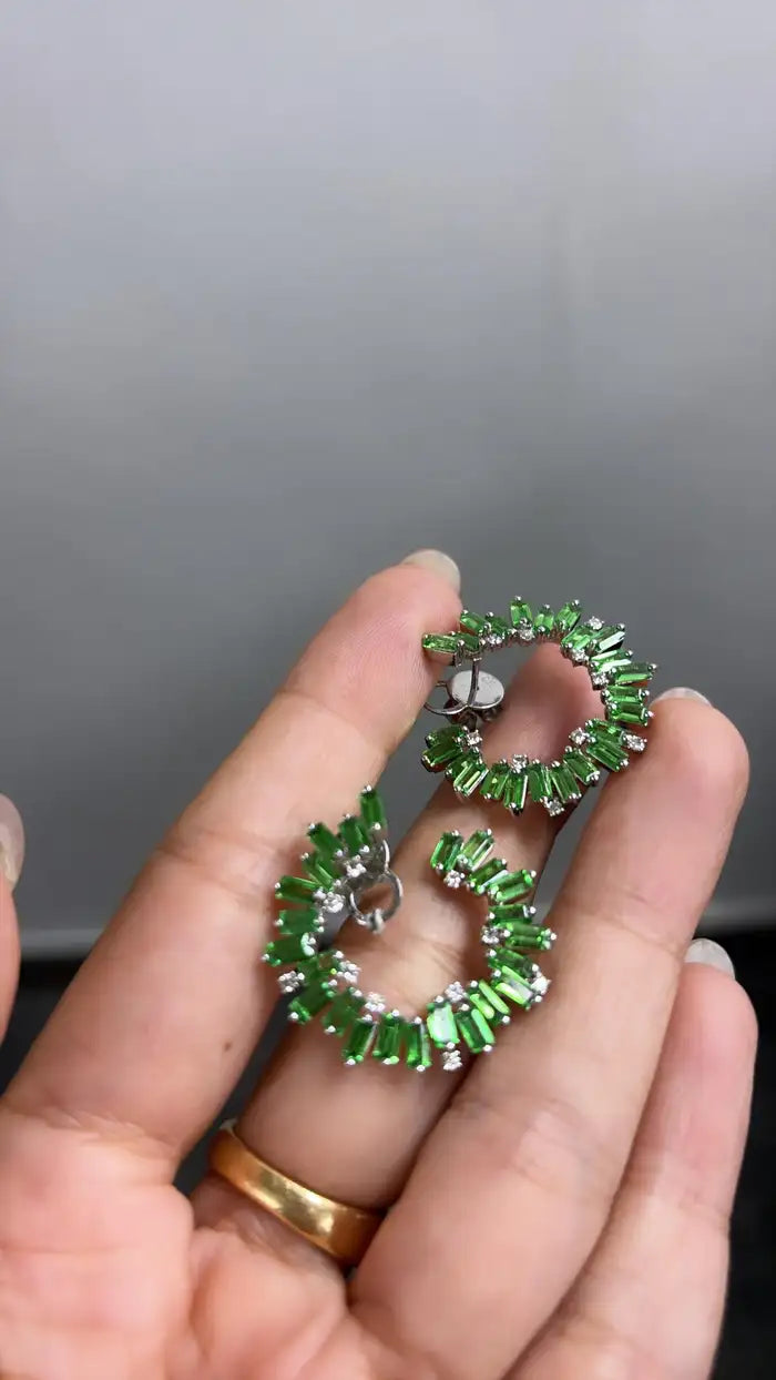 18k White Gold Diamond Earrings Natural Tsavorite Hoop Earrings