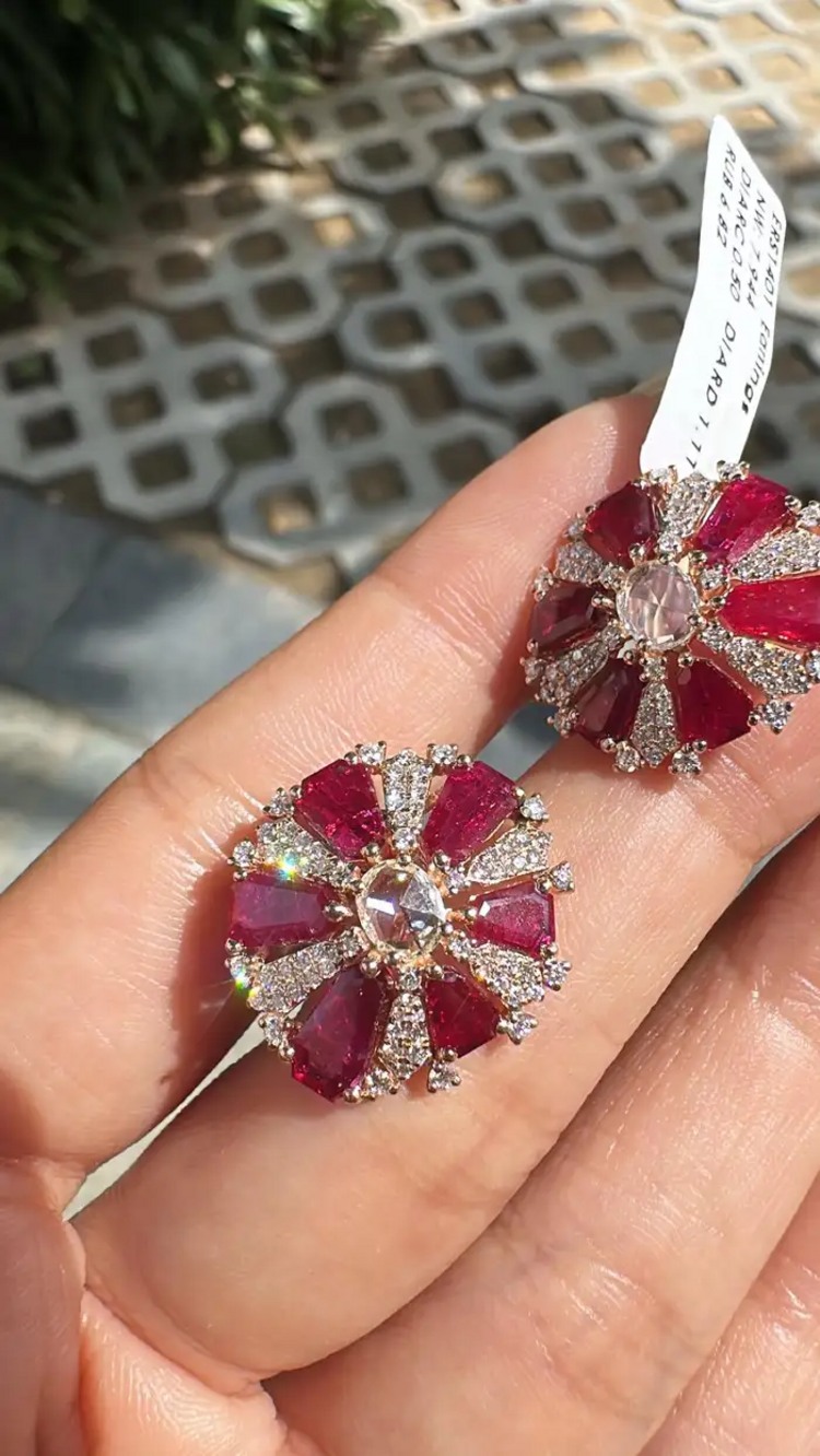 18k Rose Gold Diamond Stud Earrings - Natural Ruby & Rose Cut Diamond Earrings