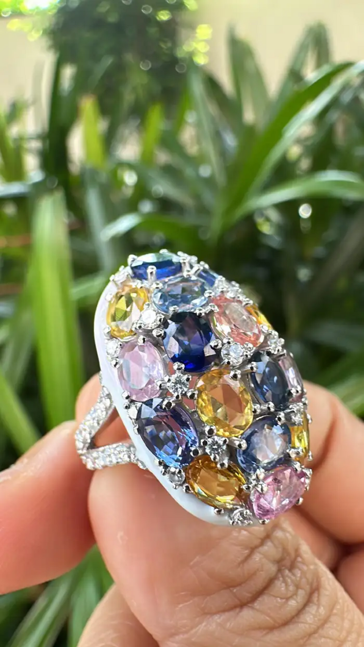 Natural Multi Sapphire & White Enamel Cocktail Ring - 18k White Gold Diamond Ring