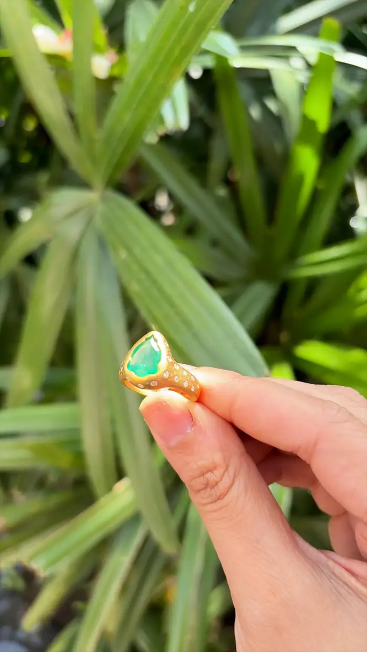 18k Yellow Matte Gold Ring - Natural Zambian Emerald & Diamond Ring