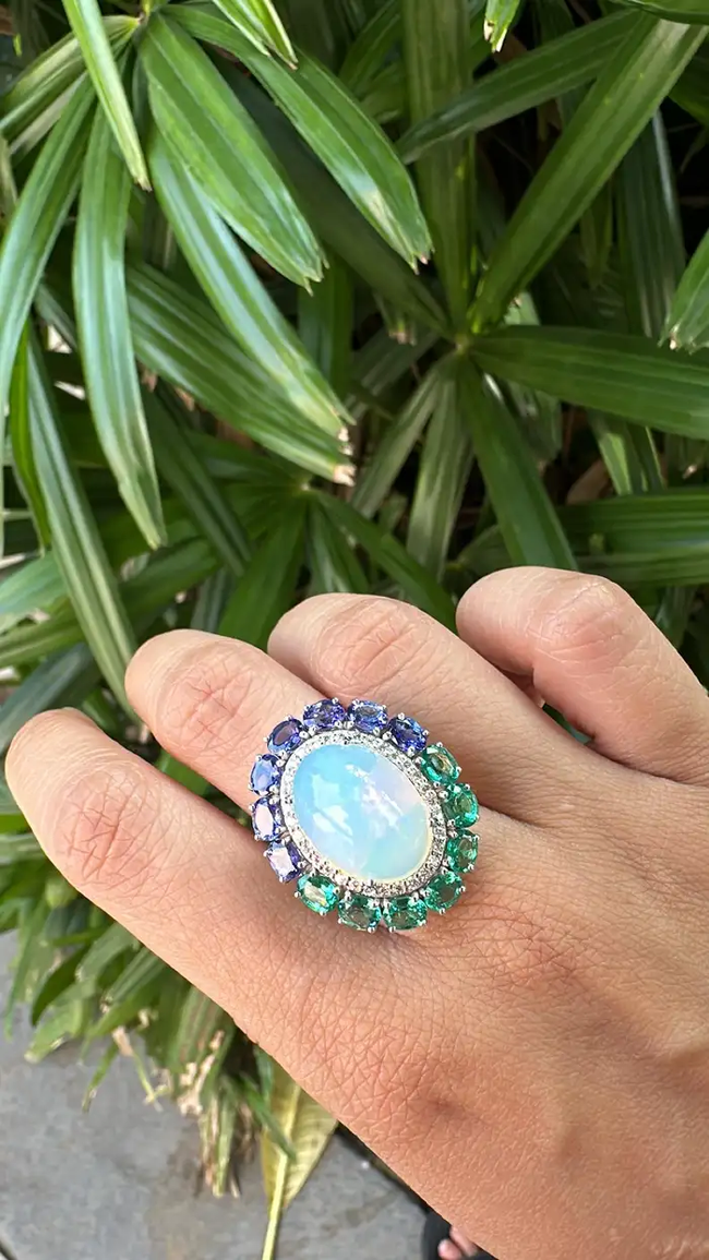 Gold Diamond Ring | 18k White Gold Zambian Emerald Ring | Tanzanite & Ethiopian Opal Cocktail Ring | Handmade Gold Diamond Ring Main Image