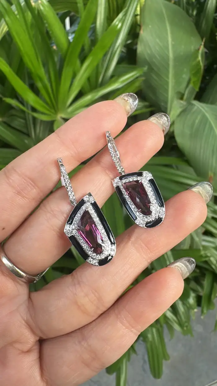 Natural Tourmaline & Black Enamel Earrings - 18k White Gold Diamond Dangle Earrings
