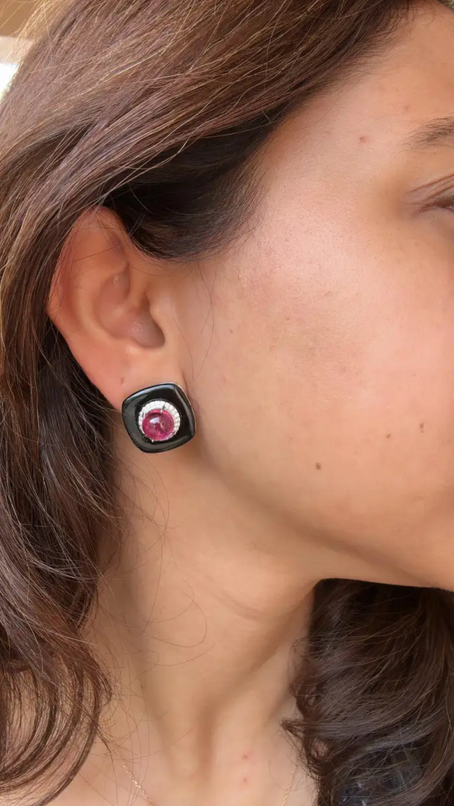 18k White Gold Diamond Stud Earrings - Natural Rubellite & Black Onyx Daily Wear Earrings Main Image