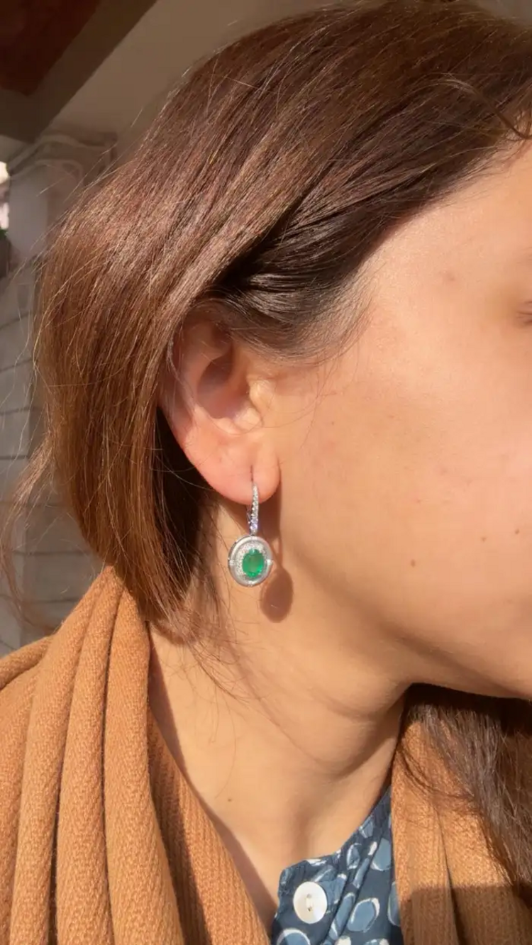 18k Matte Gold Handmade Earrings - Natural Zambian Emerald & Diamond Dangle Earrings