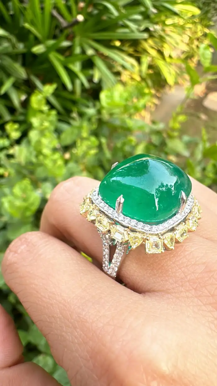 18k White Gold Statement Ring With Yellow Diamond - Natural Zambian Emerald Cocktail Ring