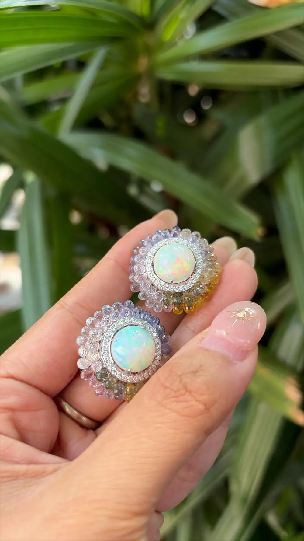 18k White Gold Diamond Stud Earrings - Natural Ethiopian Opal & Multi Sapphire Briolette Stud Earrings