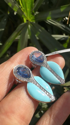 Natural Blue Sapphire & Turquoise Enamel Stud Earrings - 18k White Gold Diamond Earrings