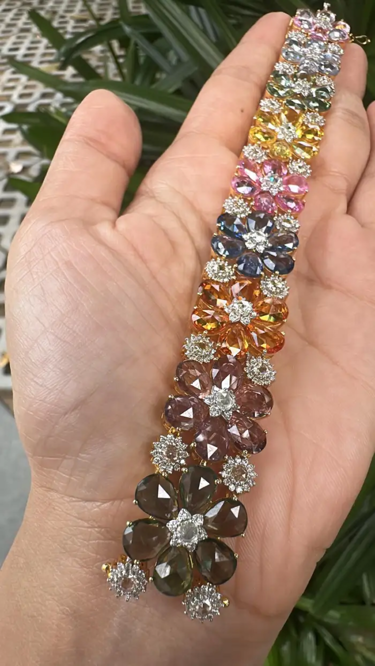 18k Yellow Gold Floral Bracelet - Natural Multi Sapphire & Rose Cut Diamond Modern Bracelet