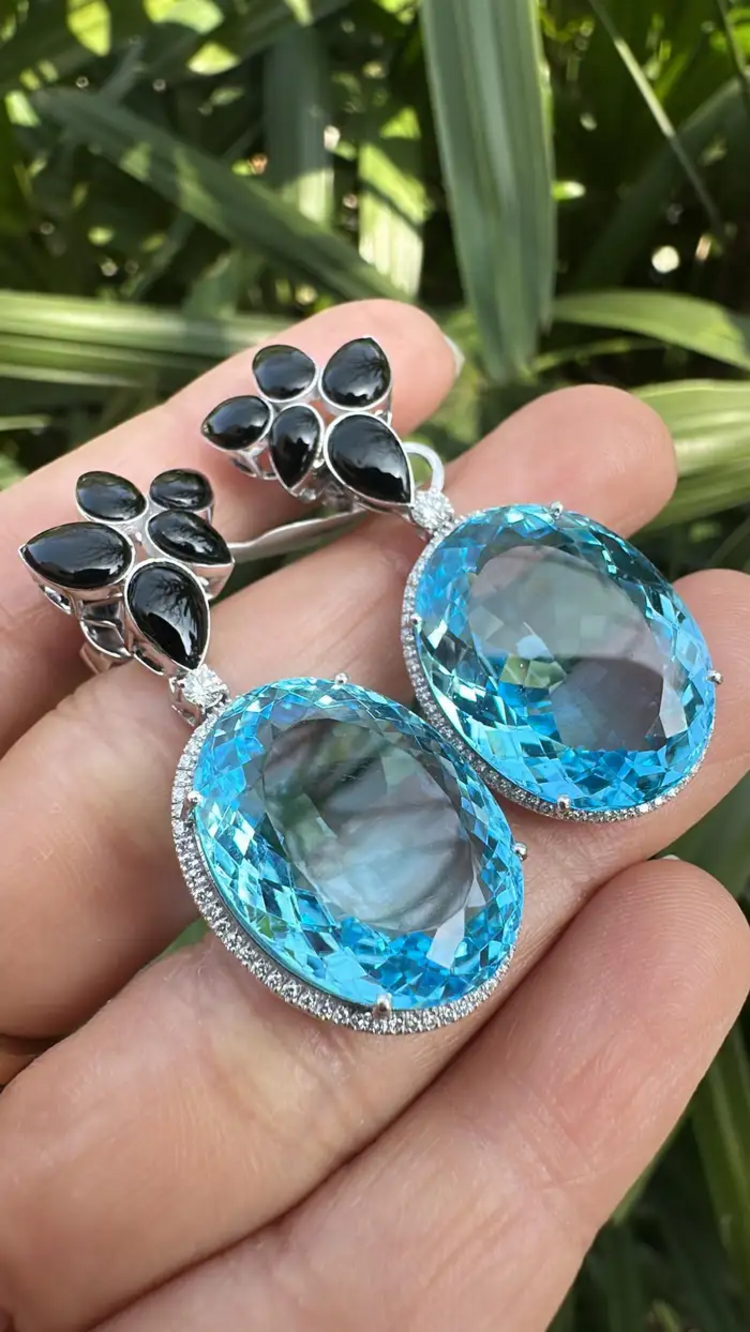 52.67 Ct. Blue Topaz & Black Onyx Gemstone Dangle Earrings - 18k White Gold Diamond Earrings
