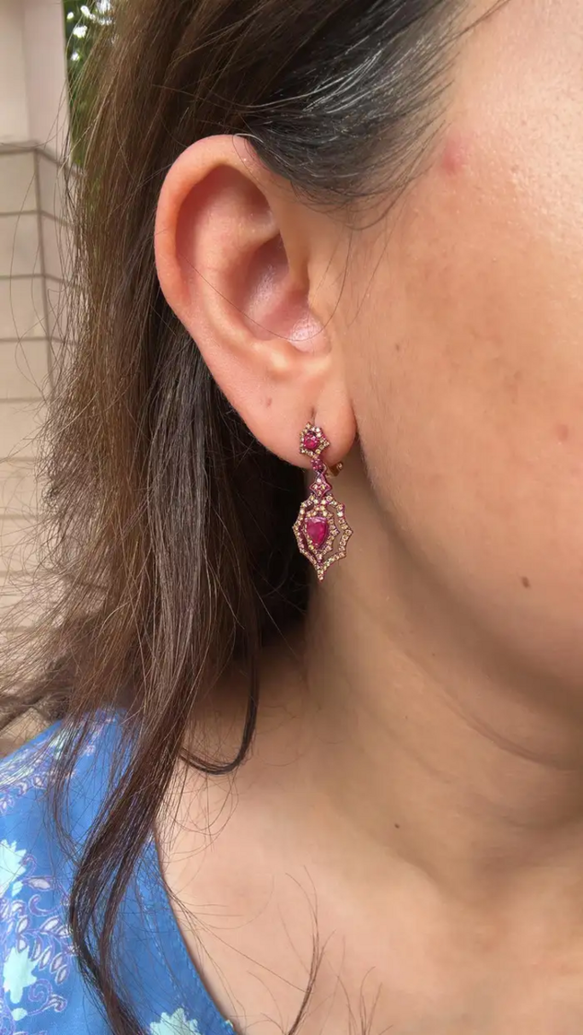 18k Gold Red Rhodium Diamond Dangle Earrings - Natural Mozambique Ruby Earrings Main Image