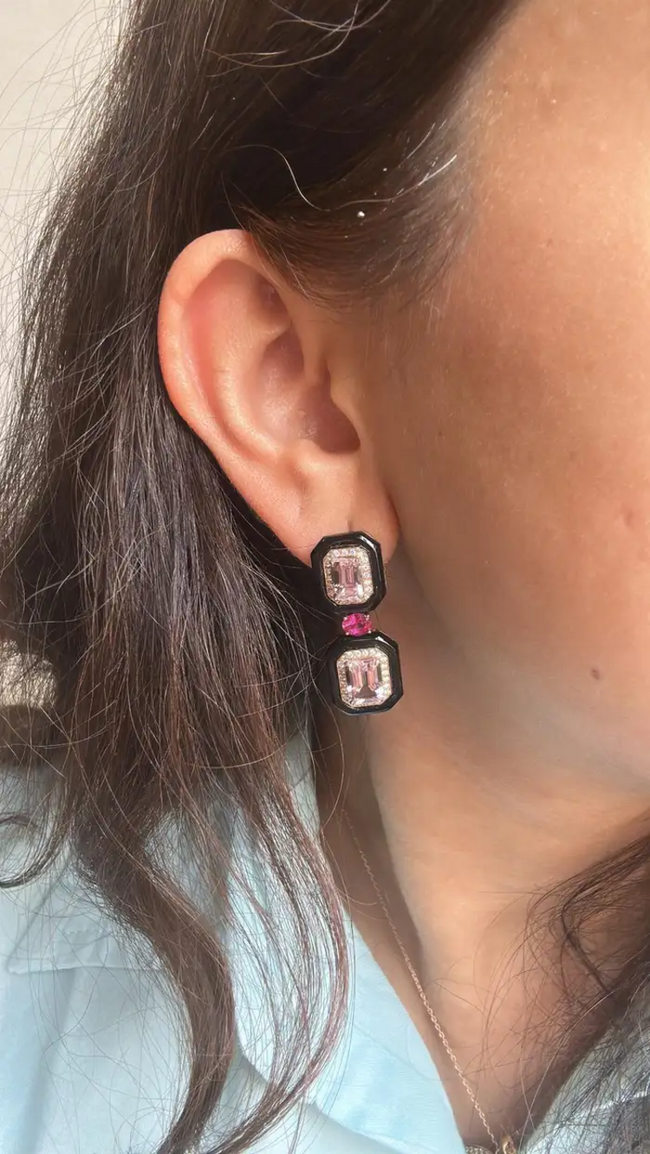 4.79 Ct. Morganite Gemstone Dangle Earrings - Solid 18k Rose Gold Diamond Wedding Earring - Natural Ruby Gemstone & Black Onyx Women Jewelry Main Image