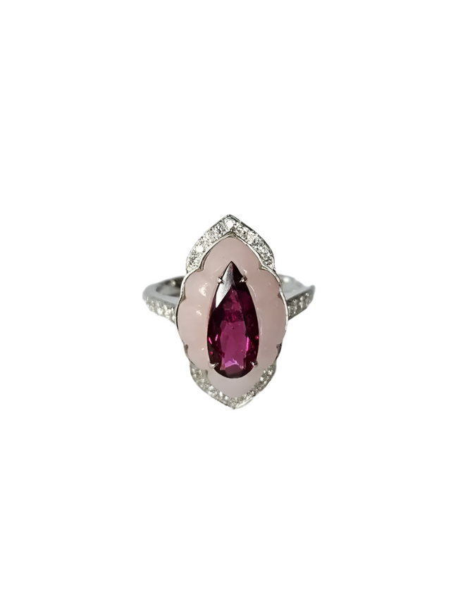 Natural Rubellite & Pink Opal Wedding Ring - 18k White Gold Handmade Diamond Ring Hover Image