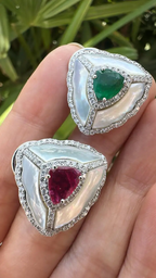18k White Gold Handmade Diamond Stud Earrings - Natural Zambian Emerald, Mozambique Ruby & Pearl Stud Earrings