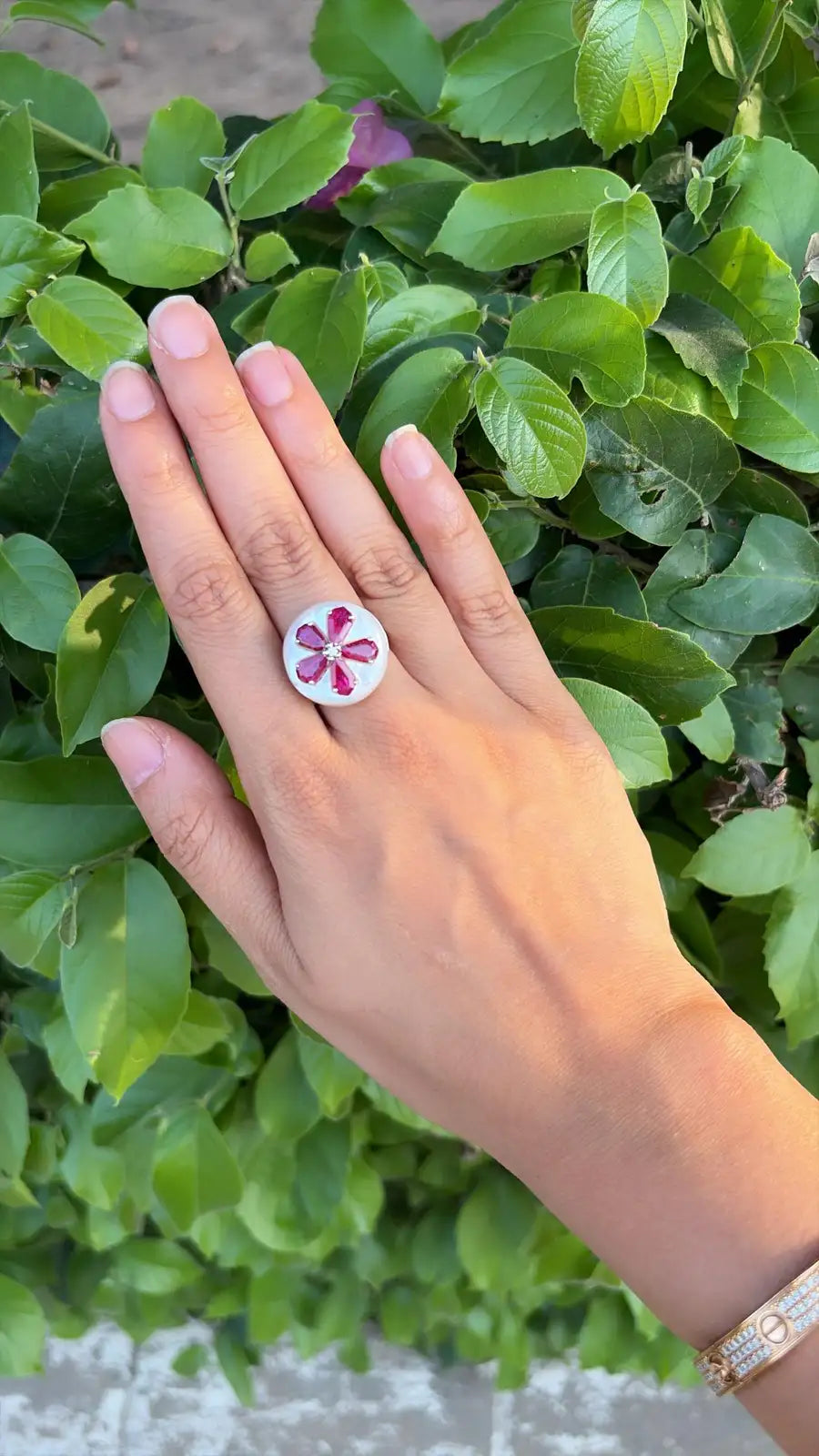 18k White Gold Diamond Ring - Natural Mozambique Ruby & Mother of Pearl Cocktail Ring