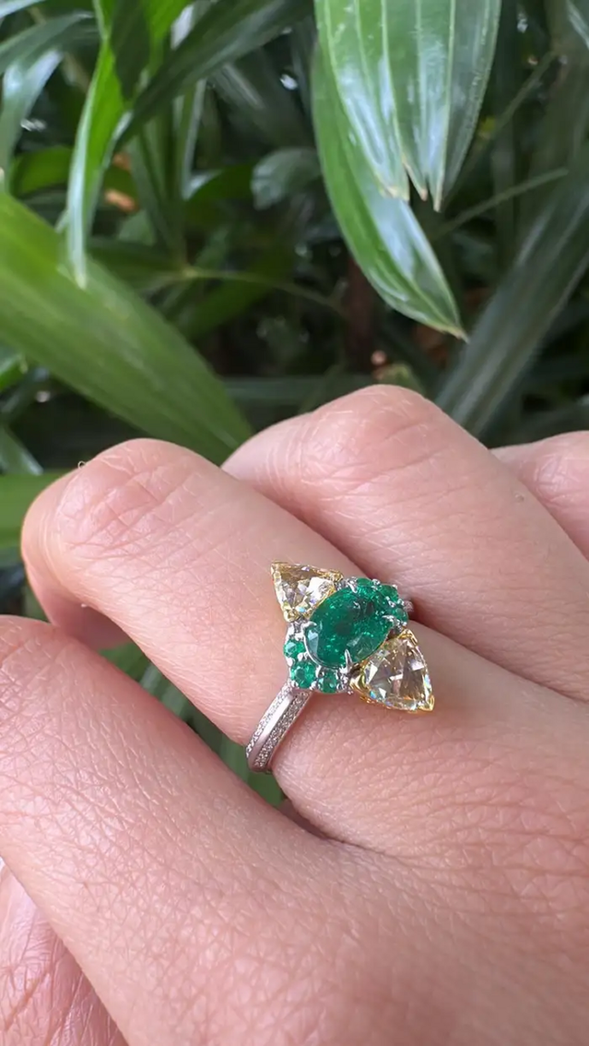 Natural Zambian Emerald Engagement Ring - 18k White Gold & Yellow Diamond Ring Main Image