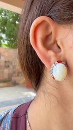 Ethiopian Opal & Multi Sapphire Stud Earrings - 18k White Gold Diamond Stud Earrings