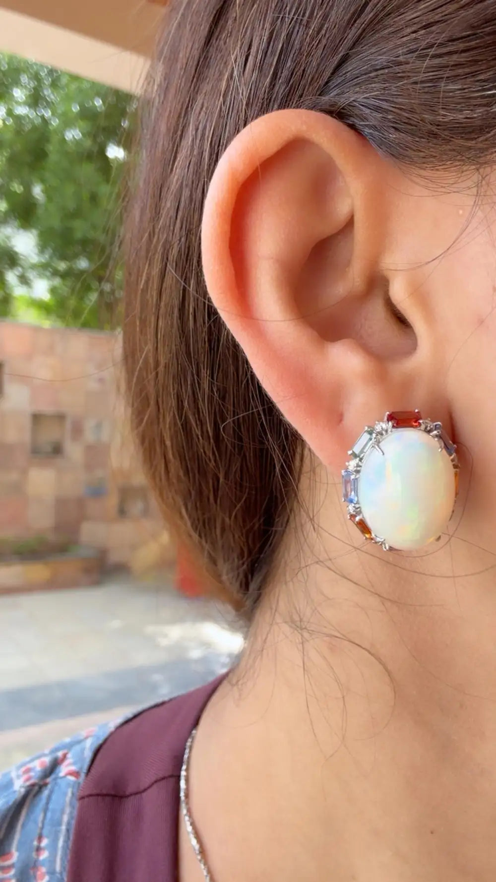 Ethiopian Opal & Multi Sapphire Stud Earrings - 18k White Gold Diamond Stud Earrings