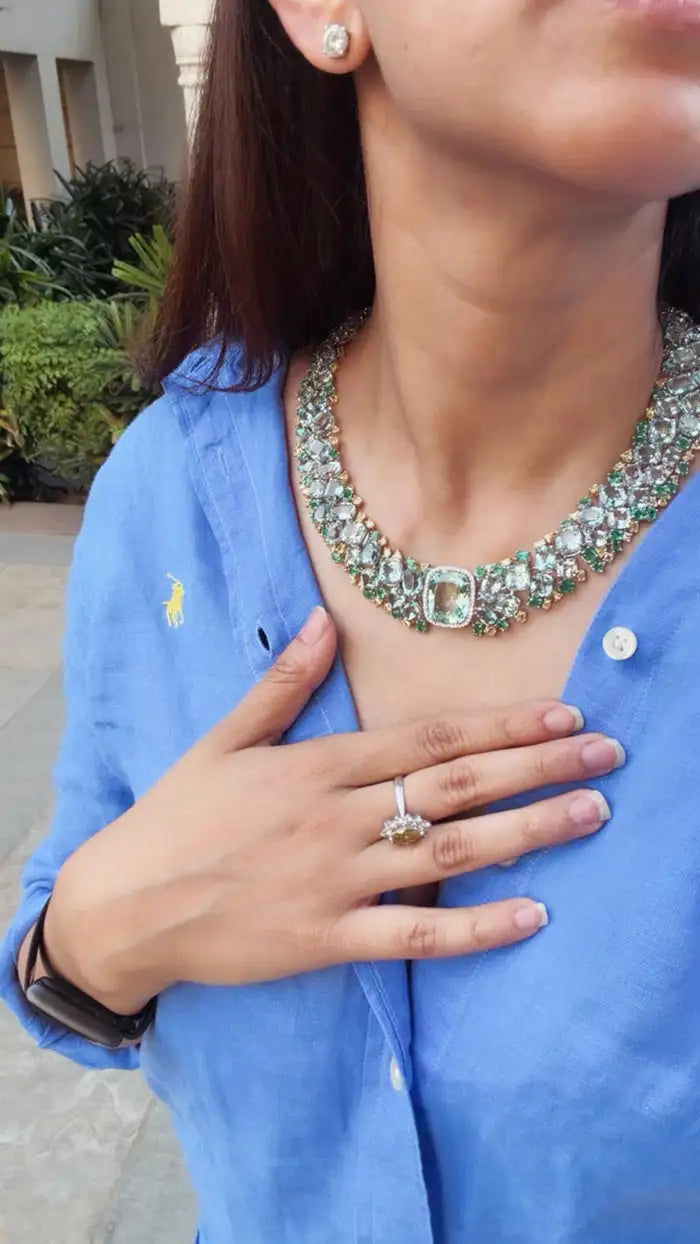 Natural Aquamarine & Zambian Emerald Necklace - 18k White Gold & Yellow Diamond Necklace