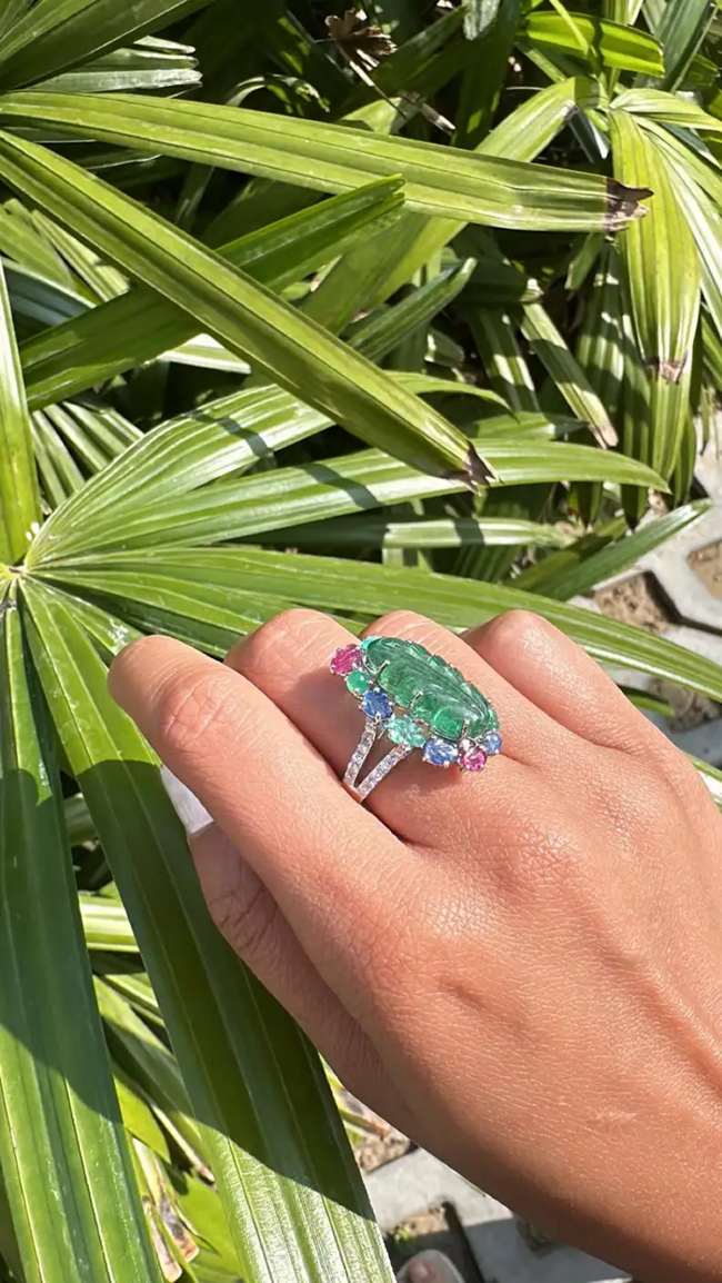 18k White Gold Handmade Cocktail Ring - Natural Emerald, Blue Sapphires, Ruby & Diamonds Cocktail Ring Main Image