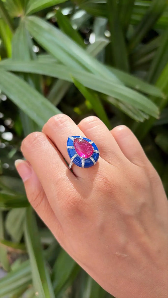 Natural Rubellite & Blue Enamel Ring - 18k White Gold Diamond Handmade Dome Ring Main Image
