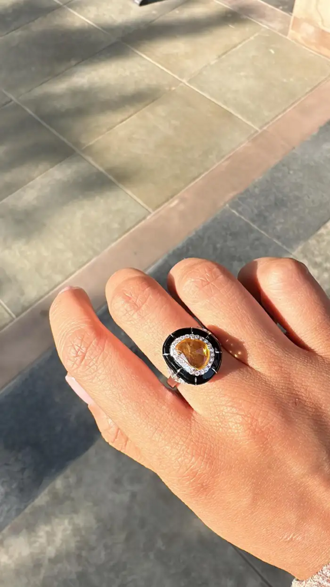 Ceylon Yellow Sapphire & Black Enamel Tiny Ring - 18k White Gold, Diamond Handmade Ring Main Image