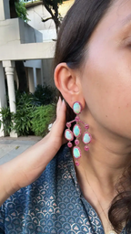 Ethiopian Opal & Mozambique Ruby Chandelier Earrings - 18k Gold Diamond Dangle Earrings