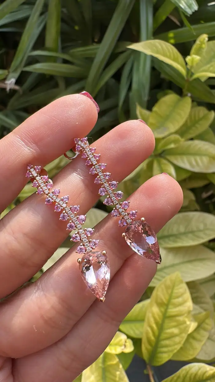 18k Rose Gold Diamond Dangle Earrings - Natural Morganite & Pink Sapphire Earrings