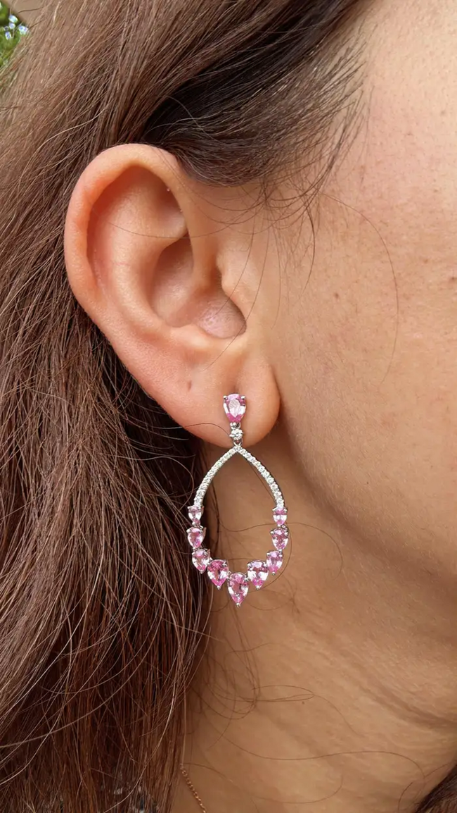 Natural Pink Sapphire Dangle Earrings - 18k White Gold Handmade Diamond Women Earrings Main Image