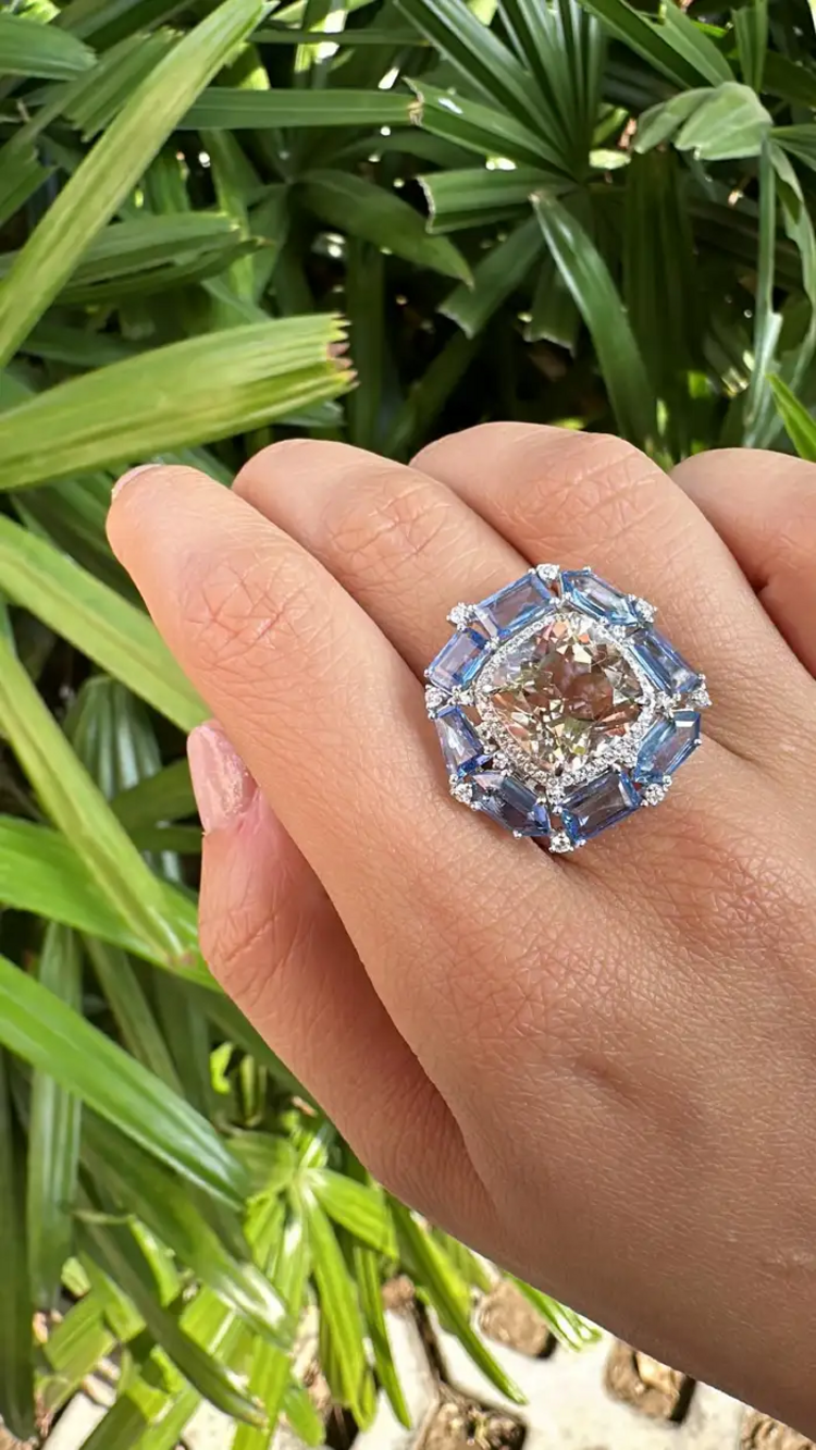 Natural Morganite & Blue Sapphire Gemstone Gold Ring - 18k White Gold Diamond Cocktail Ring