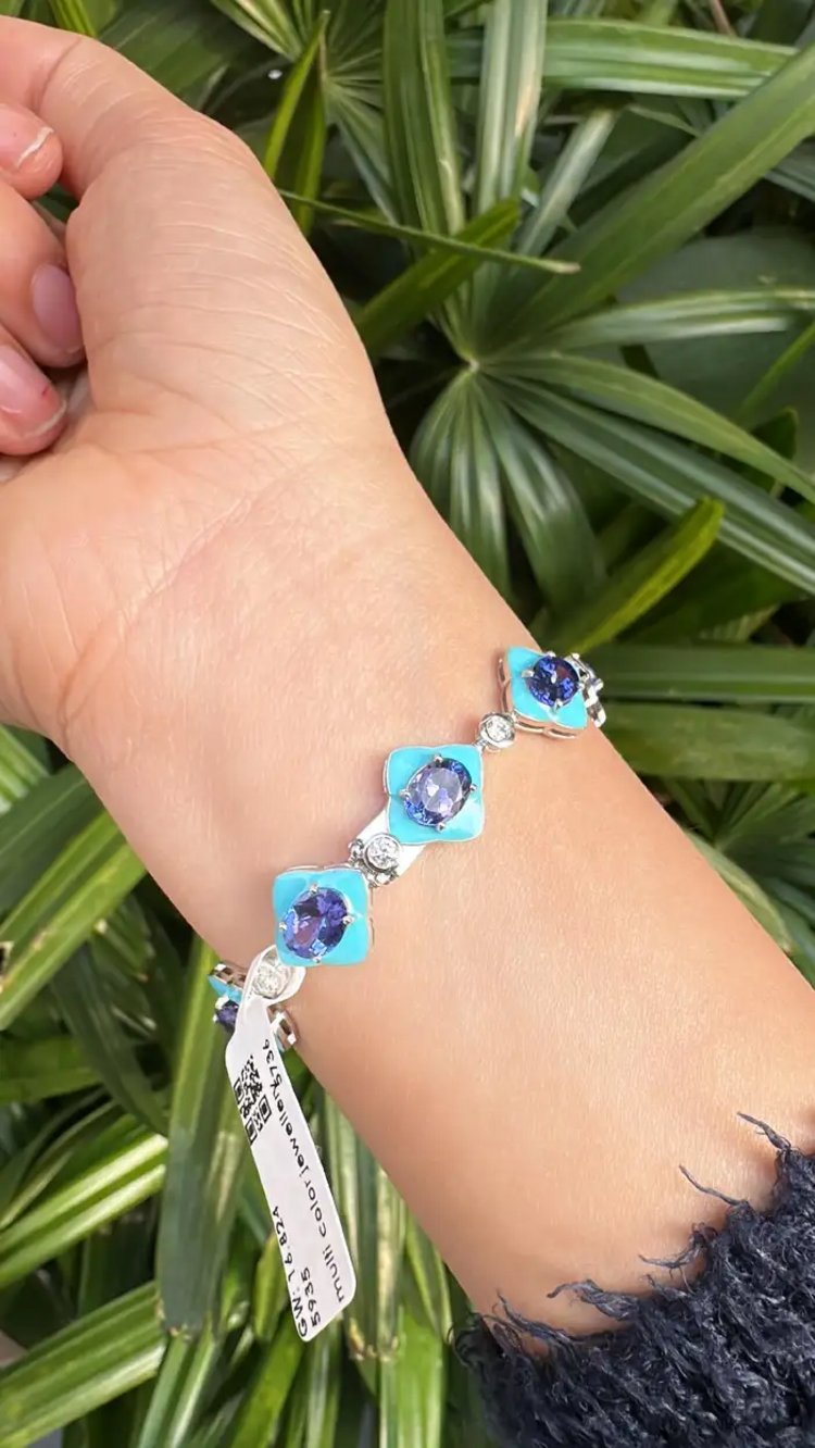 Natural Tanzanite & Turquoise Enamel Bracelet - 18k White Gold Diamond Bracelet