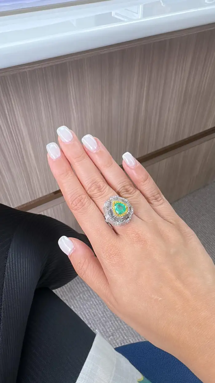 Natural Colombian Emerald & Slice Diamond Wedding Ring - 18k White Gold Ring