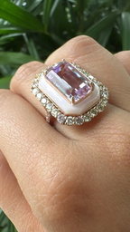 18k Rose Gold Diamond Handmade Ring - Natural Kunzite & Mother Of Pearl Cocktail Ring