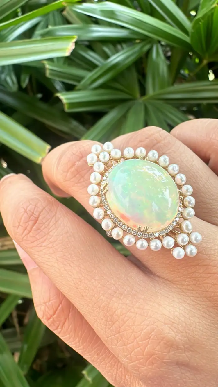 Ethiopian Opal & Freshwater Pearls Cocktail Ring - 18k Rose Gold Diamond Ring - Handmade Gold Diamond Ring