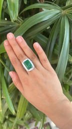 18k White Gold Diamond Ring - Natural Zambian Emerald & Mother Of Pearl Ring
