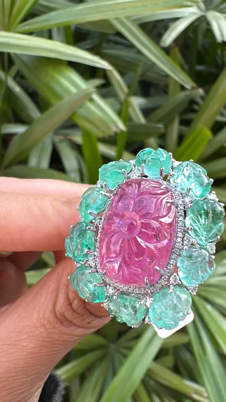 Carved Tourmaline, Emeralds & Diamonds Cocktail Ring - 18k White Gold Handmade Ring