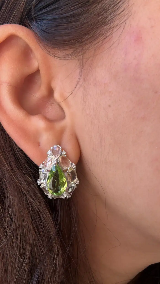Natural Pear Shape Tourmaline & White Sapphire Stud Earrings - 18k White Gold Diamond Earrings Main Image
