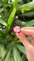 18k White Gold Diamond Cocktail Ring - Natural Morganite & Red Enamel Anniversary Ring