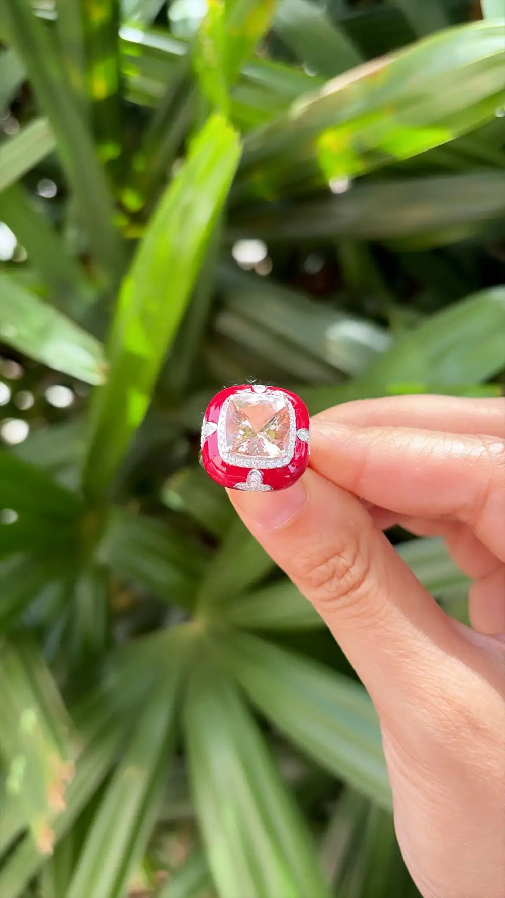 18k White Gold Diamond Cocktail Ring - Natural Morganite & Red Enamel Anniversary Ring