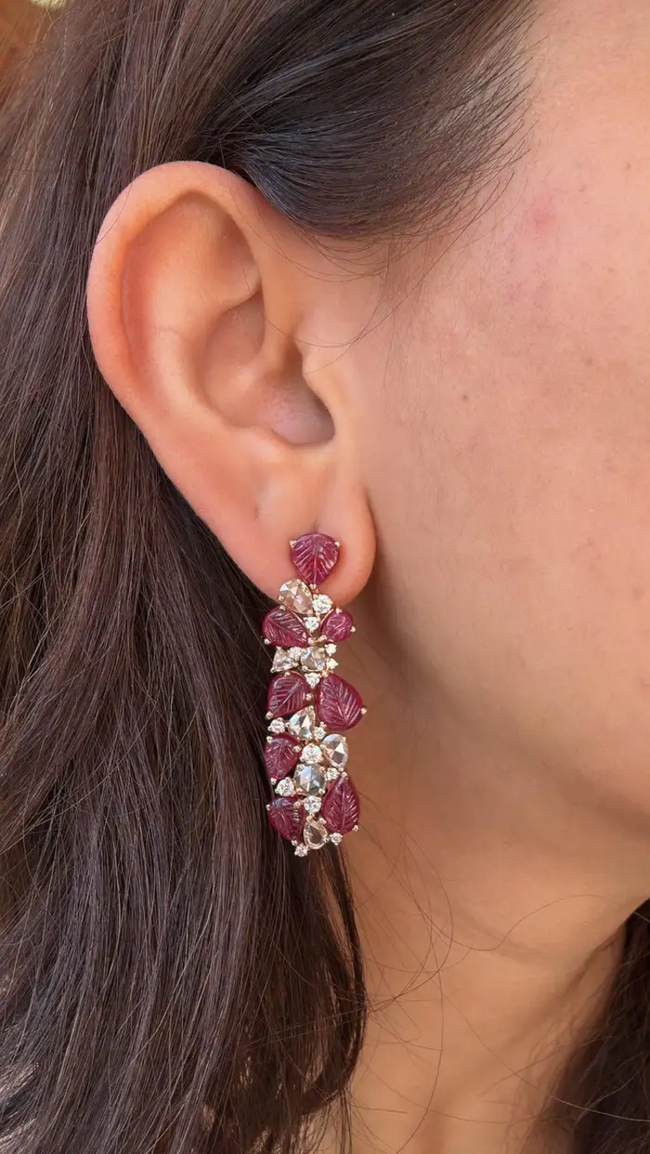 18k Rose Gold Mozambique Ruby Dangle Earrings - Natural Rose Cut Diamond Chandelier Earrings Main Image