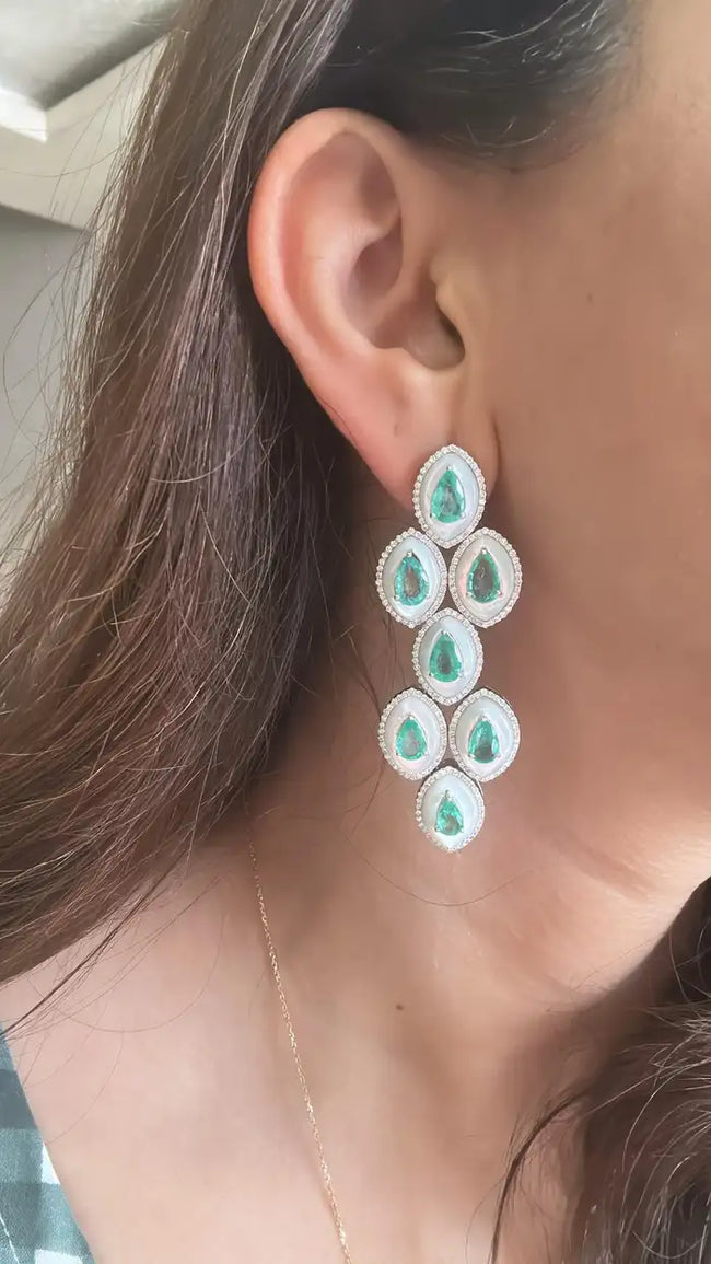 18k White Gold Handmade Chandelier Earring - Natural Colombian Emerald & Mother of Pearl Earrings Main Image