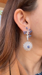 Natural Blue Sapphire Dangle Earrings - 18k White Gold Rose Cut Diamond Handmade Chandelier Earrings