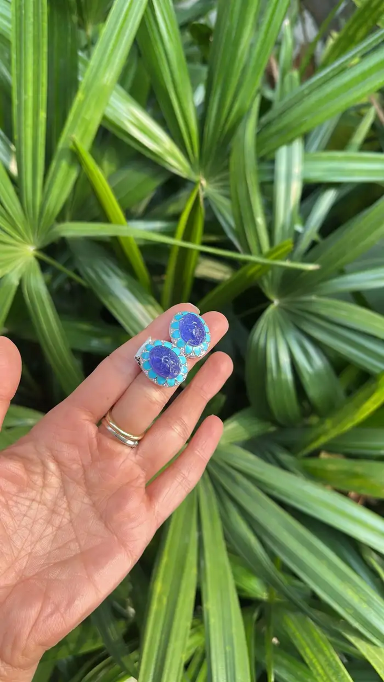 Hand Carved Tanzanite & Turquoise Enamel Stud Earrings - 18k White Gold Diamond Earrings
